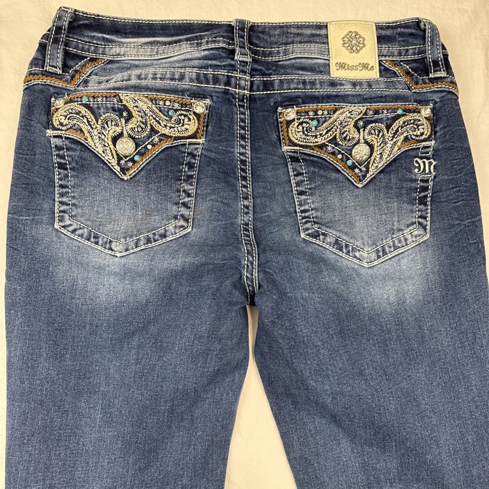 Miss Me JEANS WOMENS 31 BOOT EMBROIDERED RHINESTONES TURQUOIS WHISKERING